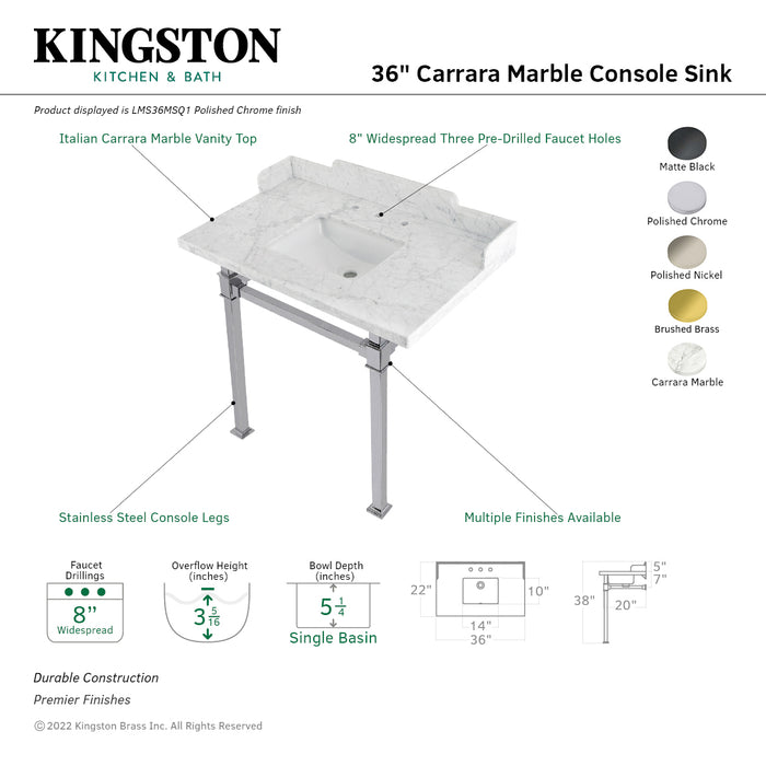 Kingston Sona LMS36MSQ7 - Viceroy 36-Inch Carrara Marble Console Sink with Stainless Steel Legs (8-Inch, 3-Hole), Carrara Marble White/Brushed Brass