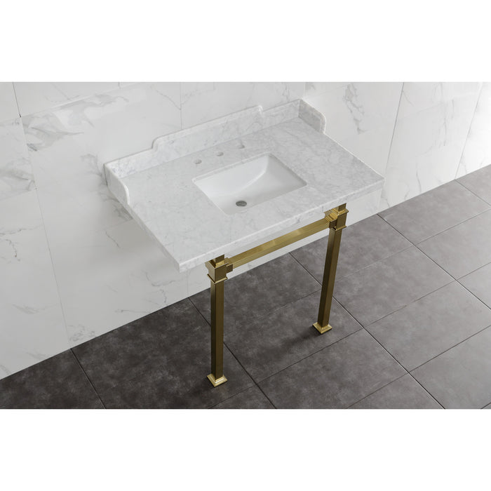 Kingston Sona LMS36MSQ7 - Viceroy 36-Inch Carrara Marble Console Sink with Stainless Steel Legs (8-Inch, 3-Hole), Carrara Marble White/Brushed Brass