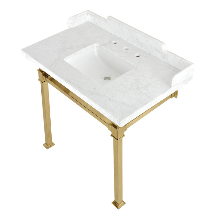 Kingston Sona LMS36MSQ7 - Viceroy 36-Inch Carrara Marble Console Sink with Stainless Steel Legs (8-Inch, 3-Hole), Carrara Marble White/Brushed Brass