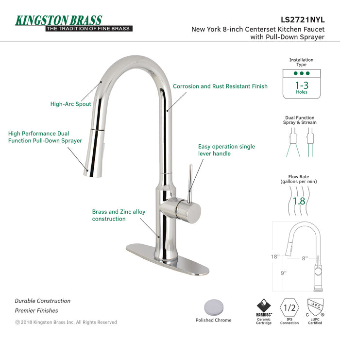 New York LS2721NYL Single-Handle 1-Hole Deck Mount Pull-Down Sprayer Kitchen Faucet, Polished Chrome