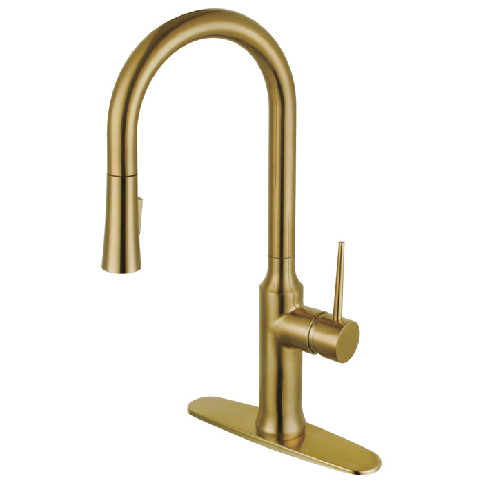 New York LS2723NYL Single-Handle 1-Hole Deck Mount Pull-Down Sprayer Kitchen Faucet, Brushed Brass