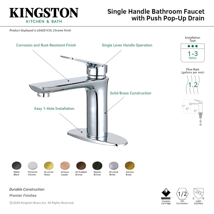 Frankfurt LS4201CXL Single-Handle 1-Hole Deck Mount Bathroom Faucet with Push Pop-Up, Polished Chrome
