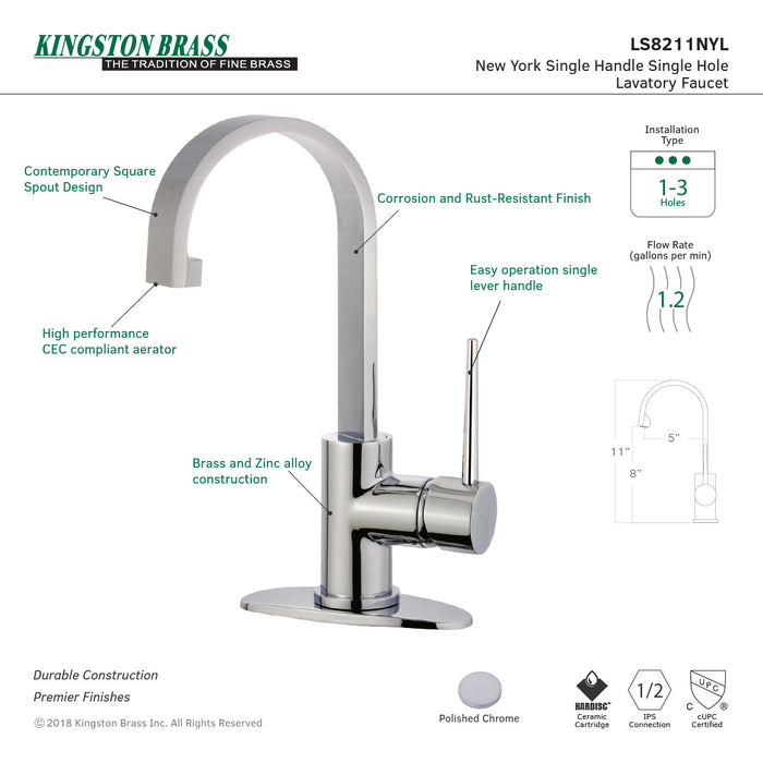 New York LS8211NYL Single-Handle 1-Hole Deck Mount Bathroom Faucet with Push Pop-Up, Polished Chrome