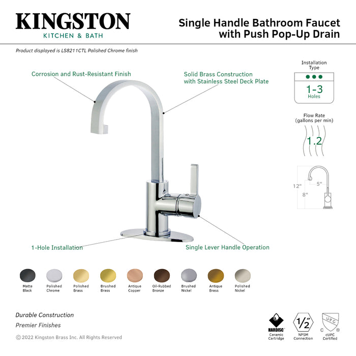 Continental LS8213CTL Single-Handle 1-Hole Deck Mount Bathroom Faucet with Push Pop-Up, Brushed Brass