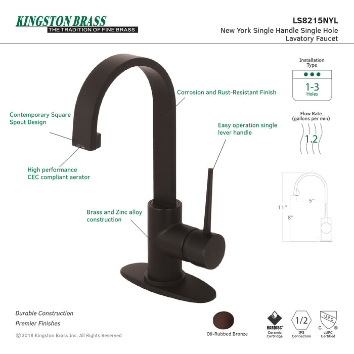 New York LS8215NYL Single-Handle 1-Hole Deck Mount Bathroom Faucet with Push Pop-Up, Oil Rubbed Bronze