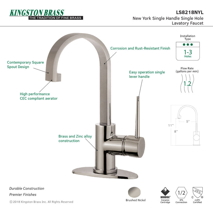 New York LS8218NYL Single-Handle 1-Hole Deck Mount Bathroom Faucet with Push Pop-Up, Brushed Nickel
