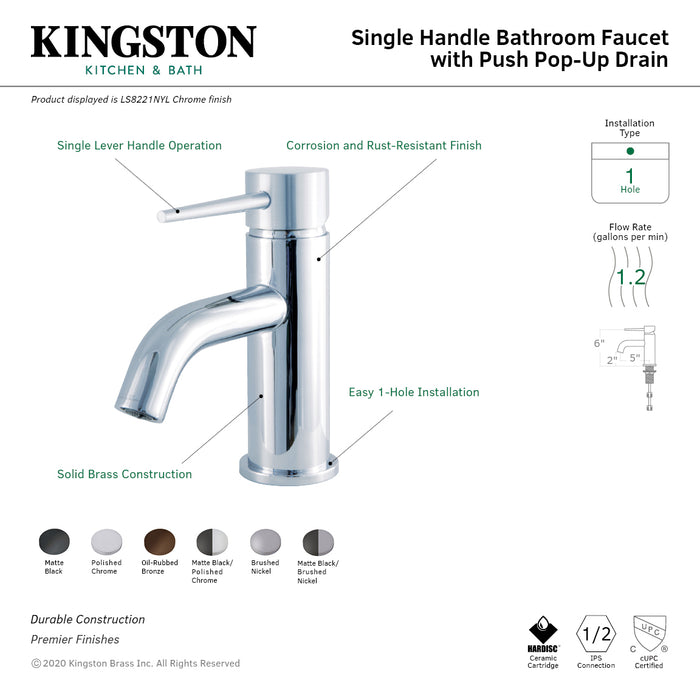 New York LS8227NYL Single-Handle 1-Hole Deck Mount Bathroom Faucet with Push Pop-Up, Matte Black/Polished Chrome