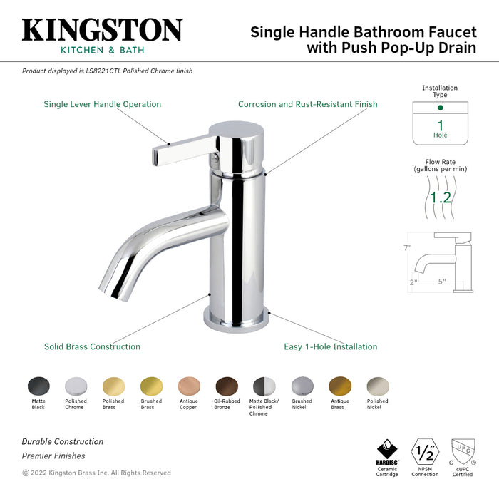 Continental LS8228CTL Single-Handle 1-Hole Deck Mount Bathroom Faucet with Push Pop-Up, Brushed Nickel