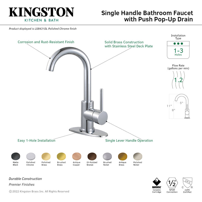 Concord LS8433DL Single-Handle 1-Hole Deck Mount Bathroom Faucet with Push Pop-Up, Brushed Brass