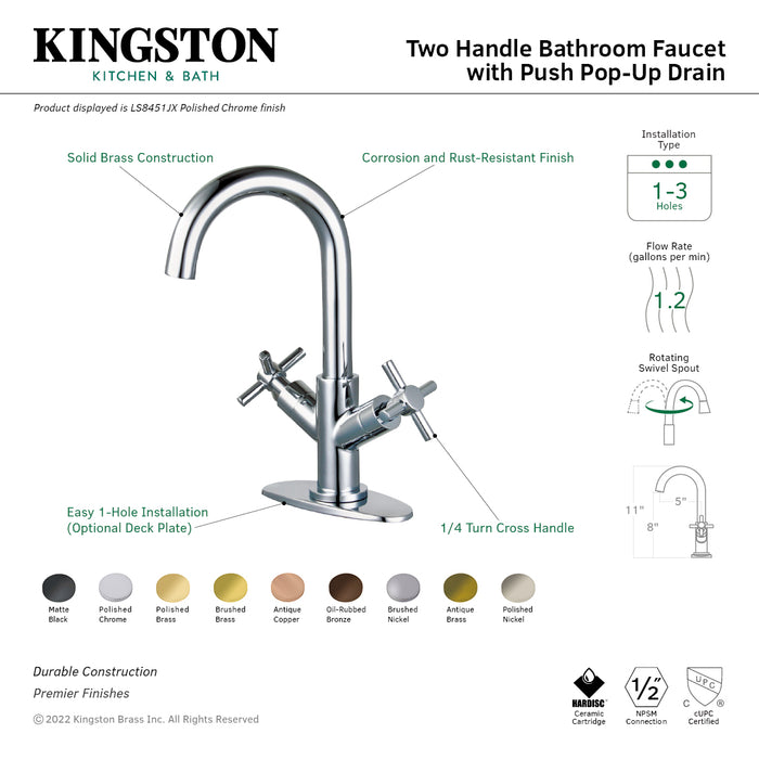 Kingston Sona LS8452JX - Concord Two-Handle 1-Hole Bathroom Faucet with Deck Plate and Push Pop-Up Drain, Polished Brass