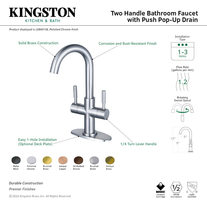 Concord LS8458DL Two-Handle 1-Hole Deck Mount Bathroom Faucet with Push Pop-Up, Brushed Nickel
