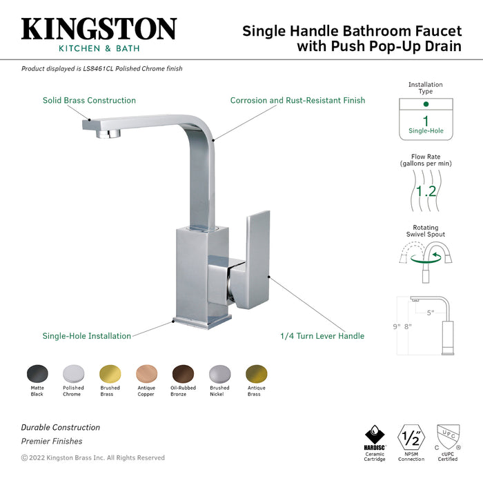 Claremont LS8460CL Single-Handle 1-Hole Deck Mount Bathroom Faucet with Push Pop-Up, Matte Black
