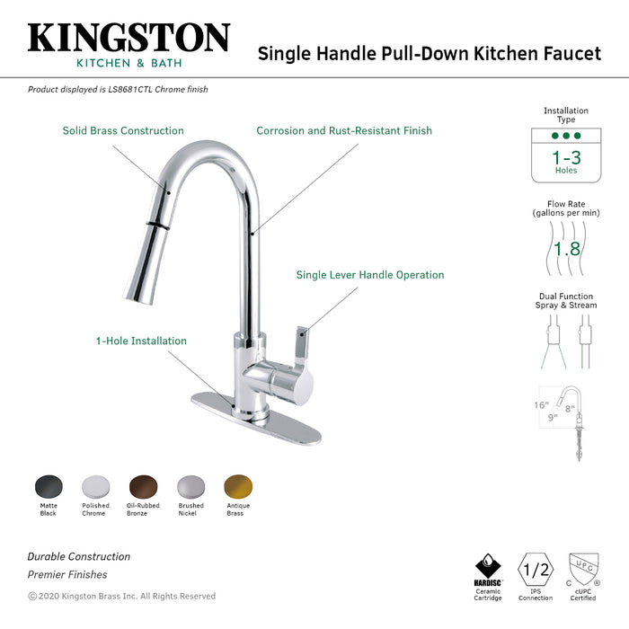 Continental LS8681CTL Single-Handle 1-Hole Deck Mount Pull-Down Sprayer Kitchen Faucet, Polished Chrome