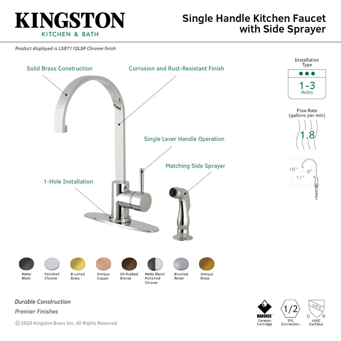 Concord LS8711DLSP Single-Handle 2-Hole Deck Mount Kitchen Faucet with Side Sprayer, Polished Chrome
