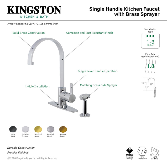 Continental LS8713CTLBS Single-Handle Deck Mount Kitchen Faucet with Brass Sprayer and Deck Plate, Brushed Brass