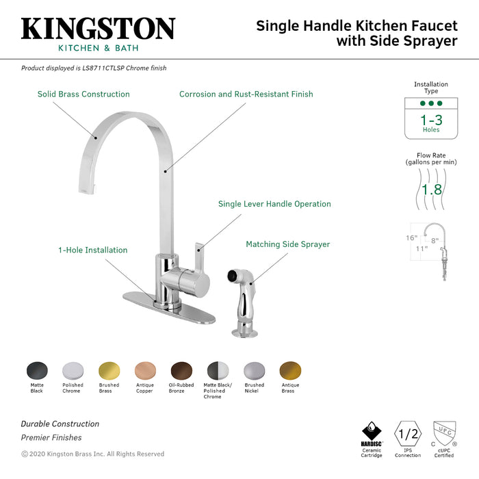 Continental LS8713CTLSP Single-Handle 2-Hole Deck Mount Kitchen Faucet with Side Sprayer, Brushed Brass