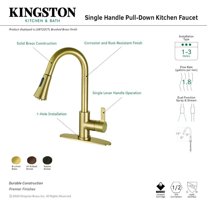 Continental LS8723CTL Single-Handle 1-Hole Deck Mount Pull-Down Sprayer Kitchen Faucet, Brushed Brass