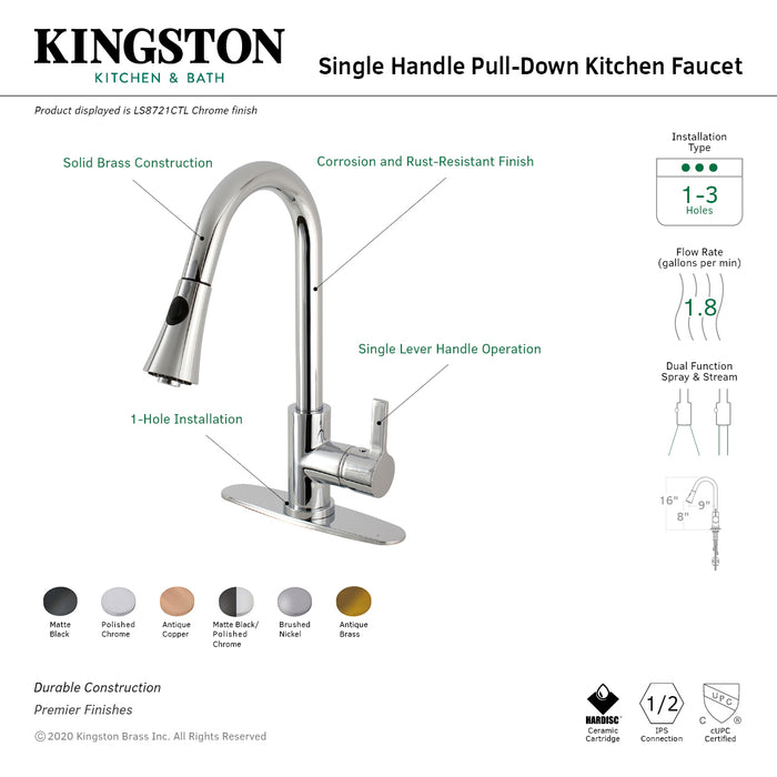 Continental LS8728CTL Single-Handle 1-Hole Deck Mount Pull-Down Sprayer Kitchen Faucet, Brushed Nickel