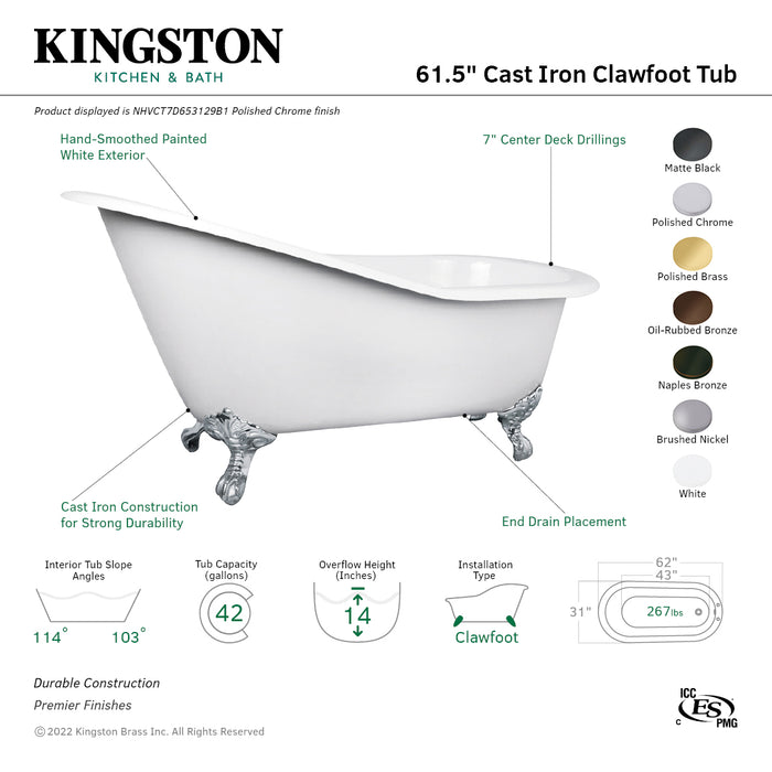 Aqua Eden NHVCT7D653129B5 62-Inch Cast Iron Single Slipper Clawfoot Tub with 7-Inch Faucet Drillings, White/Oil Rubbed Bronze