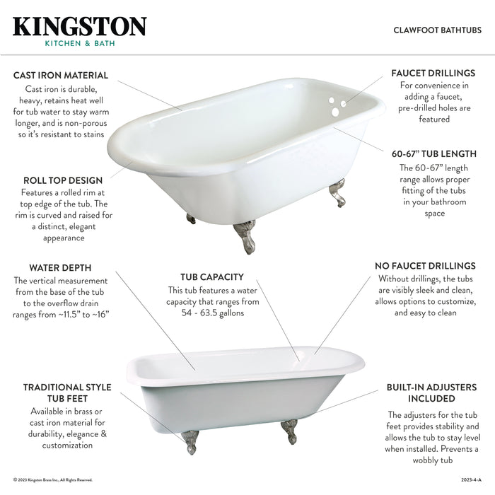 Aqua Eden NHVCTND673123T2 66-Inch Cast Iron Roll Top Clawfoot Tub (No Faucet Drillings), White/Polished Brass