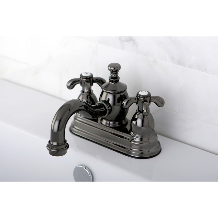 Kingston Heirloom NS7100TX - Water Onyx Double-Handle 3-Hole Deck Mount 4-Inch Centerset Bathroom Faucet with Brass Pop-Up, Black Stainless Steel