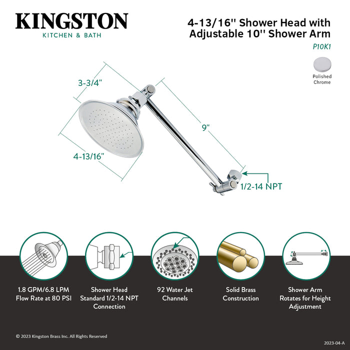Kingston Heirloom P10K1 - Victorian 4-7/8-Inch Round Raindrop Brass Shower Head with 10-Inch Adjustable Shower Arm, Polished Chrome