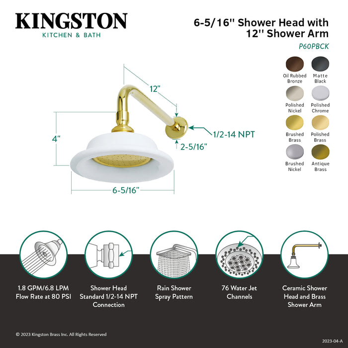 Kingston Heirloom P60SBCK - Victorian 6-5/16-Inch Sunflower Raindrop Ceramic Shower Head with 12-Inch Shower Arm, Brushed Brass