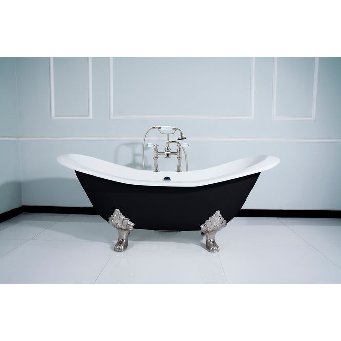 Aqua Eden VBT7D7231NC8 72-Inch Cast Iron Double Slipper Clawfoot Tub with 7-Inch Faucet Drillings, Black/White/Brushed Nickel