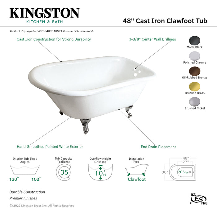 Aqua Eden VCT3D483018NT5 48-Inch Cast Iron Roll Top Clawfoot Tub with 3-3/8 Inch Wall Drillings, White/Oil Rubbed Bronze
