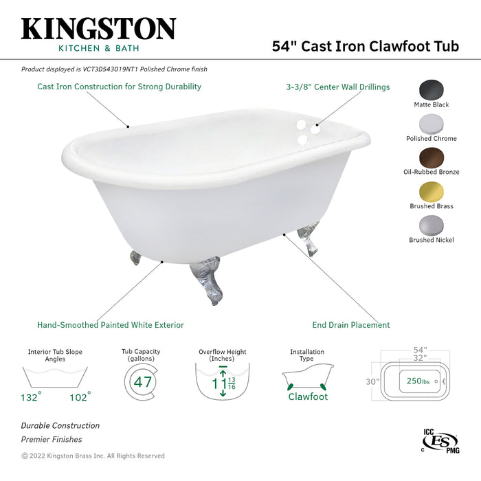 Aqua Eden VCT3D543019NT0 54-Inch Cast Iron Roll Top Clawfoot Tub with 3-3/8 Inch Wall Drillings, White/Matte Black