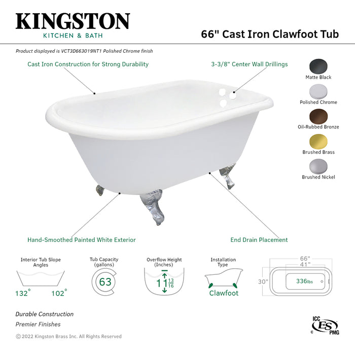 Aqua Eden VCT3D663019NT0 66-Inch Cast Iron Roll Top Clawfoot Tub with 3-3/8 Inch Wall Drillings, White/Matte Black