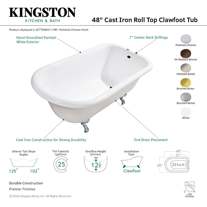 Aqua Eden VCT7D483117W7 48-Inch Cast Iron Roll Top Clawfoot Tub with 7-Inch Faucet Drillings, White/Brushed Brass