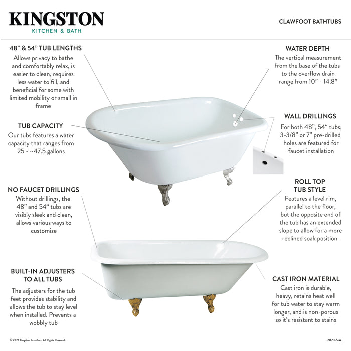 Aqua Eden VCT7D483117W7 48-Inch Cast Iron Roll Top Clawfoot Tub with 7-Inch Faucet Drillings, White/Brushed Brass