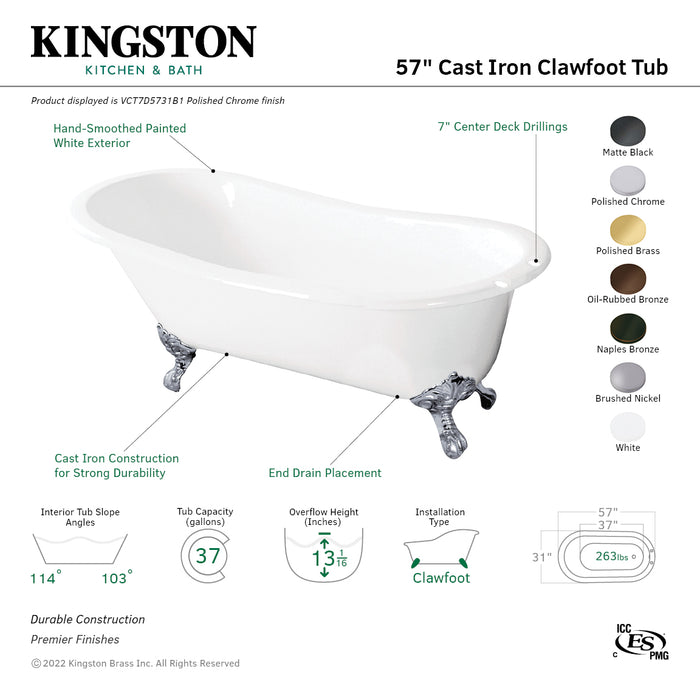 Tazatina VCT7D5731B1 57-Inch Cast Iron Single Slipper Clawfoot Tub with 7-Inch Faucet Drillings, White/Polished Chrome