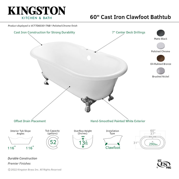 Aqua Eden VCT7D603017NB0 60-Inch Cast Iron Double Ended Clawfoot Tub with 7-Inch Faucet Drillings, White/Matte Black