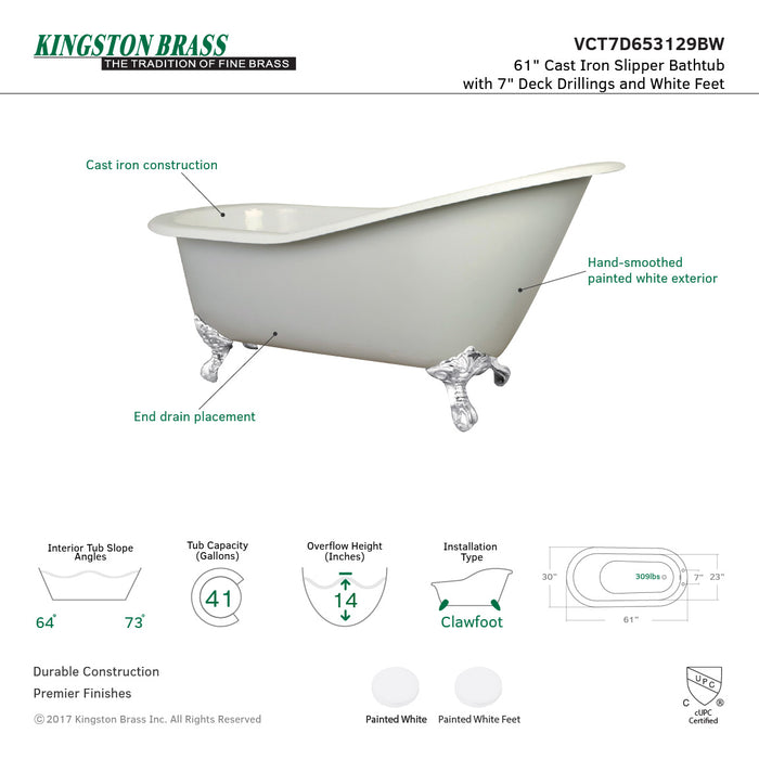 Aqua Eden VCT7D653129BW 61-Inch Cast Iron Single Slipper Clawfoot Tub with 7-Inch Faucet Drillings, White