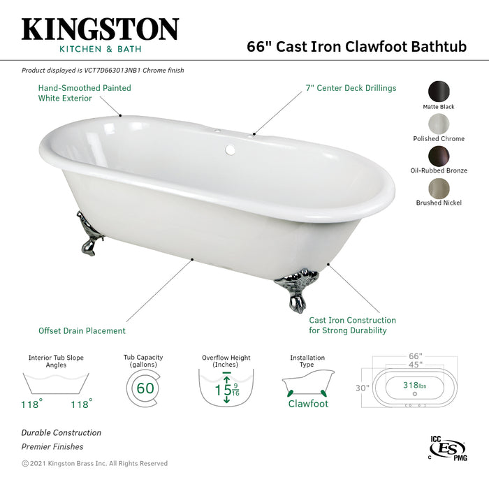 Aqua Eden VCT7D663013NB1 66-Inch Cast Iron Double Ended Clawfoot Tub with 7-Inch Faucet Drillings, White/Polished Chrome