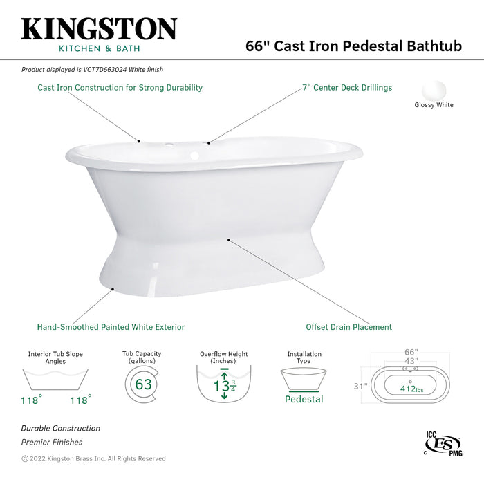 Aqua Eden VCT7D663024 66-Inch Cast Iron Double Ended Pedestal Tub with 7-Inch Faucet Drillings, White