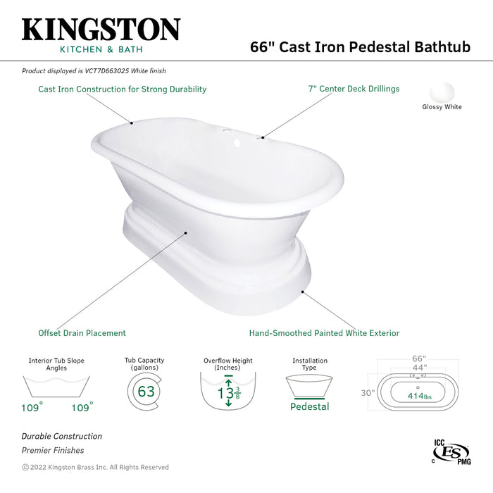 Aqua Eden VCT7D663025 66-Inch Cast Iron Double Ended Pedestal Tub with 7-Inch Faucet Drillings, White
