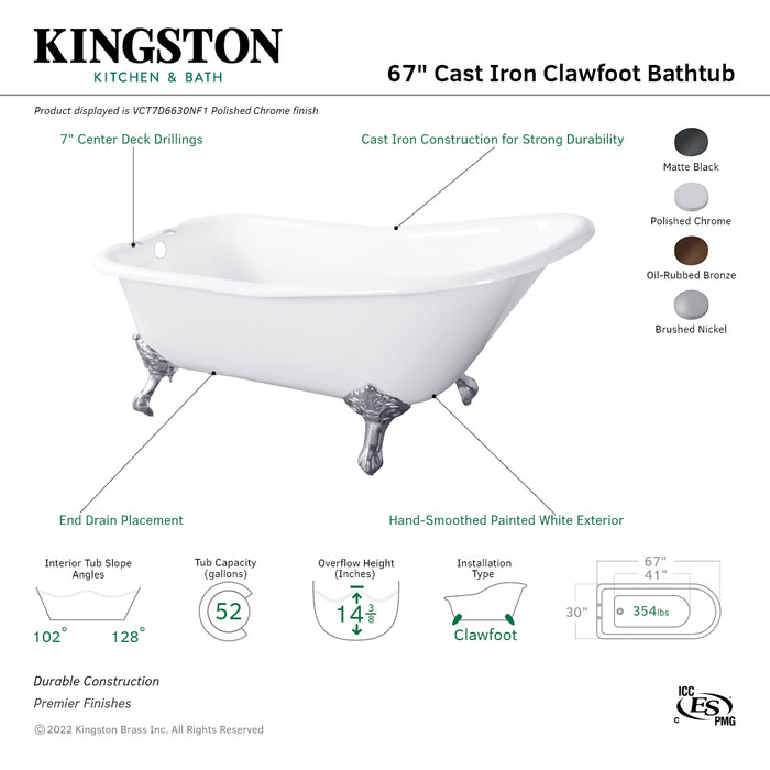 Aqua Eden VCT7D6630NF1 67-Inch Cast Iron Single Slipper Clawfoot Tub with 7-Inch Faucet Drillings, White/Polished Chrome