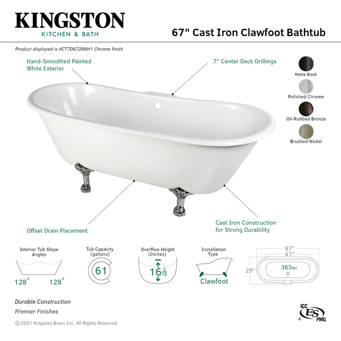 Aqua Eden VCT7D6728NH8 67-Inch Cast Iron Double Slipper Clawfoot Tub with 7-Inch Faucet Drillings, White/Brushed Nickel