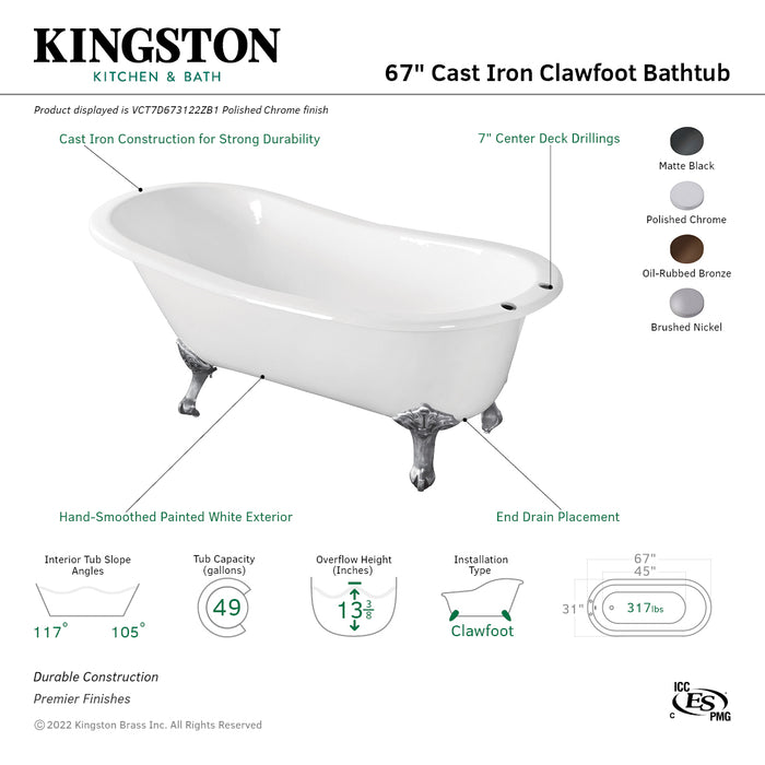 Aqua Eden VCT7D673122ZB1 67-Inch Cast Iron Single Slipper Clawfoot Tub with 7-Inch Faucet Drillings, White/Polished Chrome