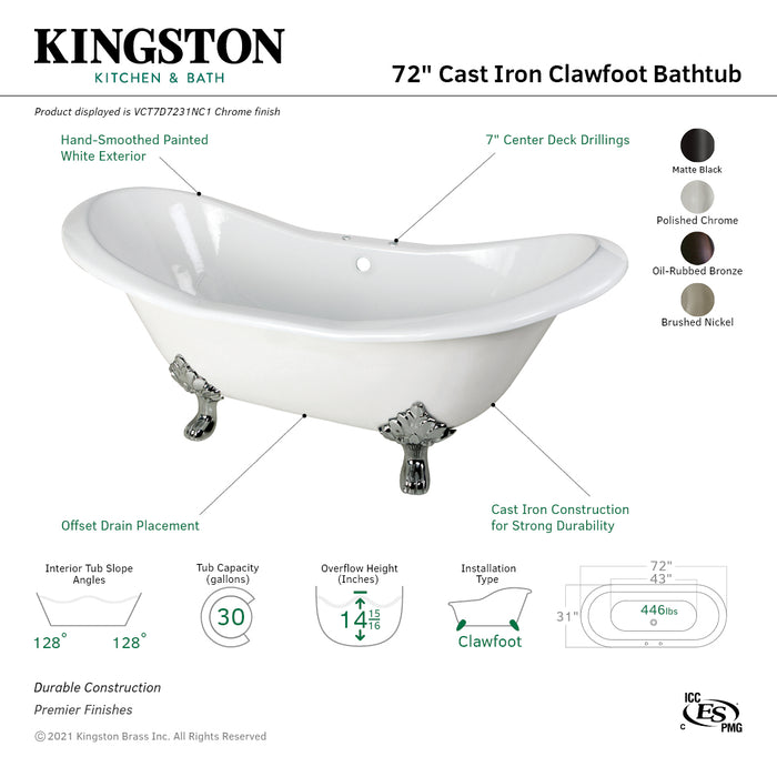 Aqua Eden VCT7D7231NC5 72-Inch Cast Iron Double Slipper Clawfoot Tub with 7-Inch Faucet Drillings, White/Oil Rubbed Bronze