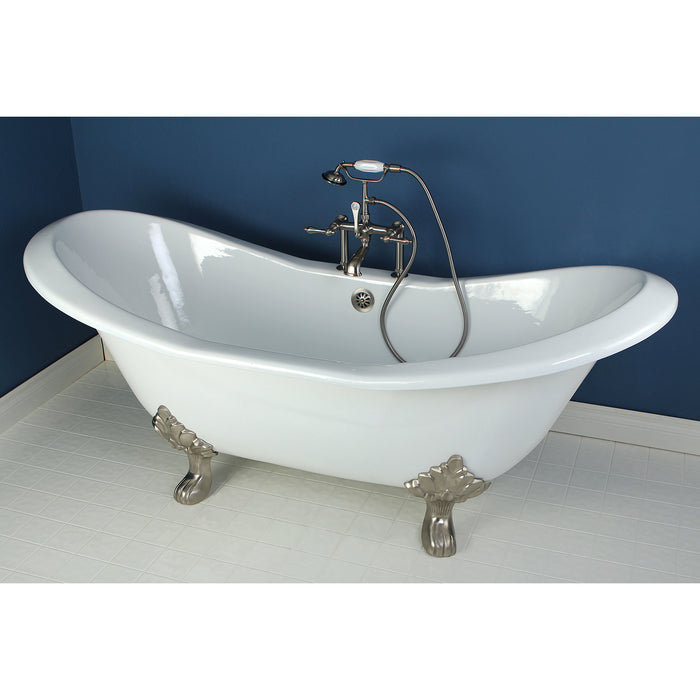 Aqua Eden VCT7D7231NC8 72-Inch Cast Iron Double Slipper Clawfoot Tub with 7-Inch Faucet Drillings, White/Brushed Nickel