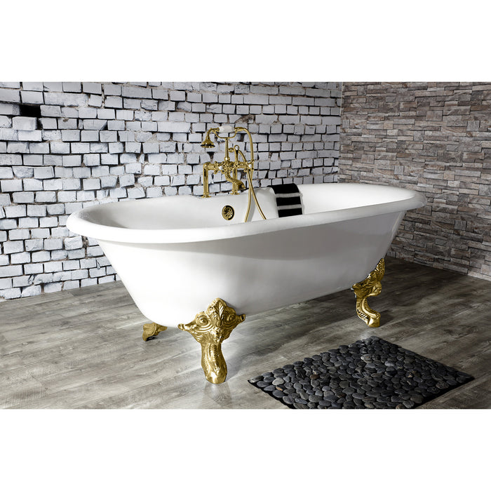 Aqua Eden VCT7DE7232NL2 72-Inch Cast Iron Double Ended Clawfoot Tub with 7-Inch Faucet Drillings, White/Polished Brass