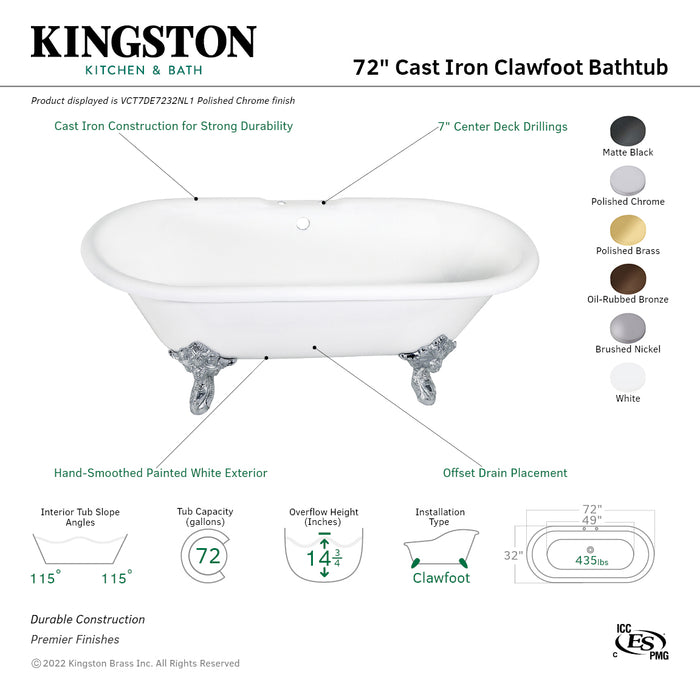 Aqua Eden VCT7DE7232NL8 72-Inch Cast Iron Double Ended Clawfoot Tub with 7-Inch Faucet Drillings, White/Brushed Nickel
