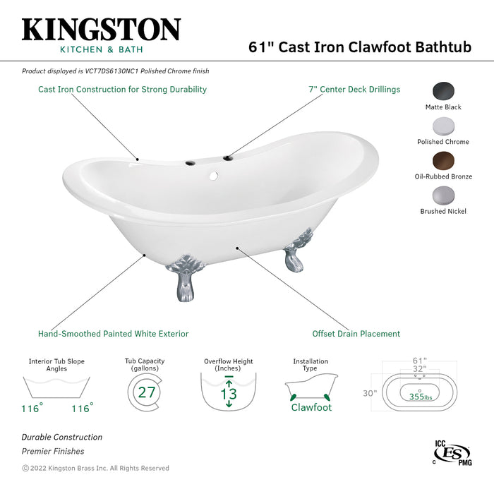 Aqua Eden VCT7DS6130NC5 61-Inch Cast Iron Double Slipper Clawfoot Tub with 7-Inch Faucet Drillings, White/Oil Rubbed Bronze