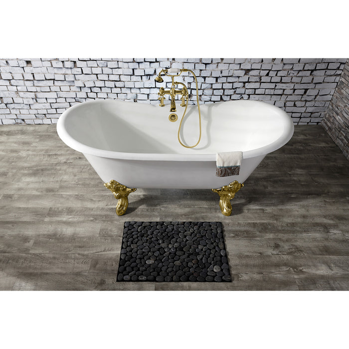 Aqua Eden VCT7DS6731NL2 67-Inch Cast Iron Double Slipper Clawfoot Tub with 7-Inch Faucet Drillings, White/Polished Brass