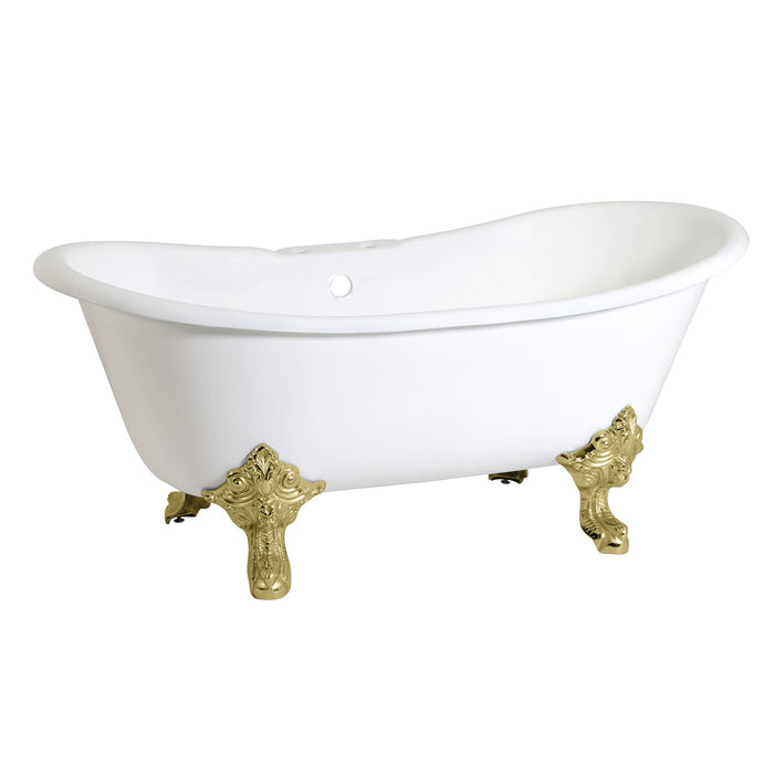 Aqua Eden VCT7DS6731NL2 67-Inch Cast Iron Double Slipper Clawfoot Tub with 7-Inch Faucet Drillings, White/Polished Brass