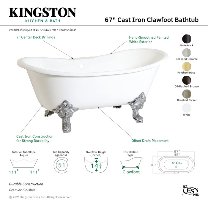 Aqua Eden VCT7DS6731NL8 67-Inch Cast Iron Double Slipper Clawfoot Tub with 7-Inch Faucet Drillings, White/Brushed Nickel
